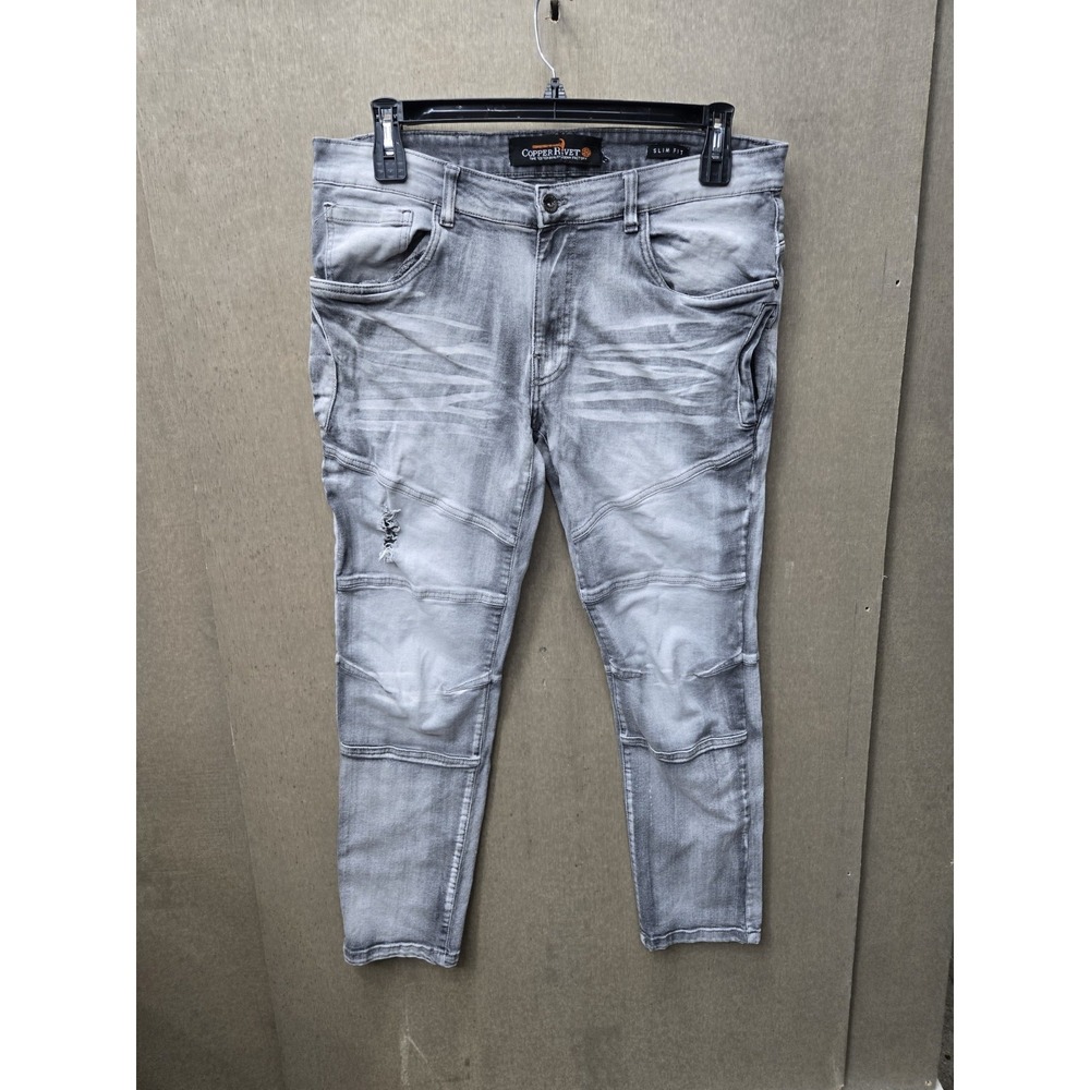 Copper Rivet Slim Fit Moto Biker Jeans Gray Wash Stretch Denim Mens 36x30